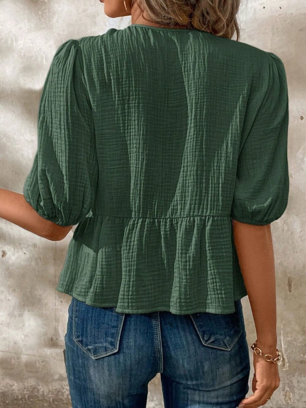 Green Casual Women's Bow Tie Front Ruffle Hem Puff Sleeve Blouse - Picture 2 of 5